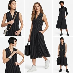 Jones New York 100% Silk Pinstripe Button Midi Dress with Pockets